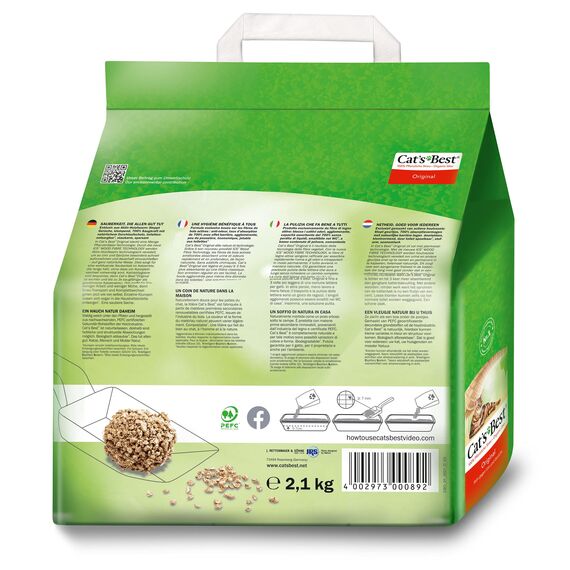 Cat's Best Original Katzenstreu, 100 % pflanzliche Katzen Klumpstreu mit maximaler Saugkraft – bekämpft Gerüche natürlich aktiv, 2,1 kg/5 l