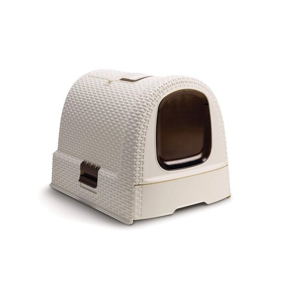 Curver petlife Katzentoilette mit Deckel, Katzenklo inklusive Schaufel, moderne Rattangeflecht-Optik, weiß, 51,5 x 38,5 x 40 cm