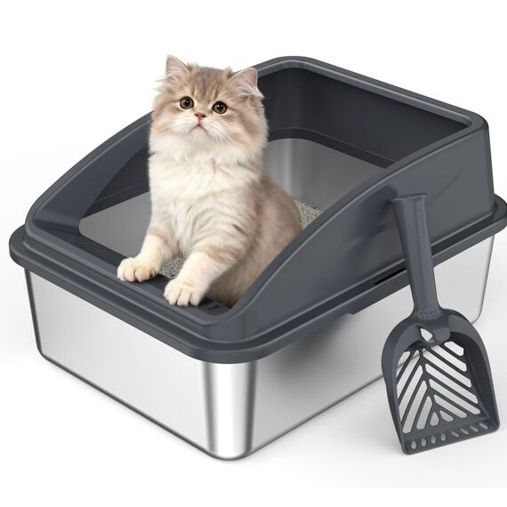 FURTIME Katzenklo Edelstahl, Katzentoilette Edelstahl 18L mit Schaufel, Katzenklo Metall mit Hochwandigem Seitengehäuse Auslaufsicher Gegen Verschüttungen für Kätzchen,Neugeborene Katze, 44x34x21cm