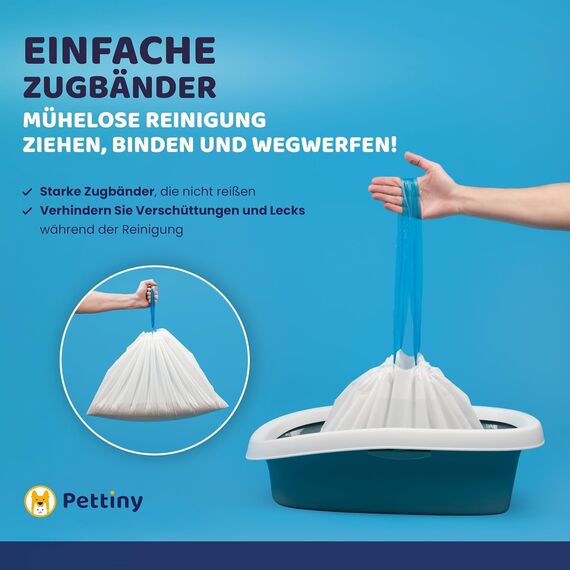 Pettiny 20 Katzentoilettenbeutel mit Zugbändern Kratzfeste Tüten für mittel und groß Katzenklo