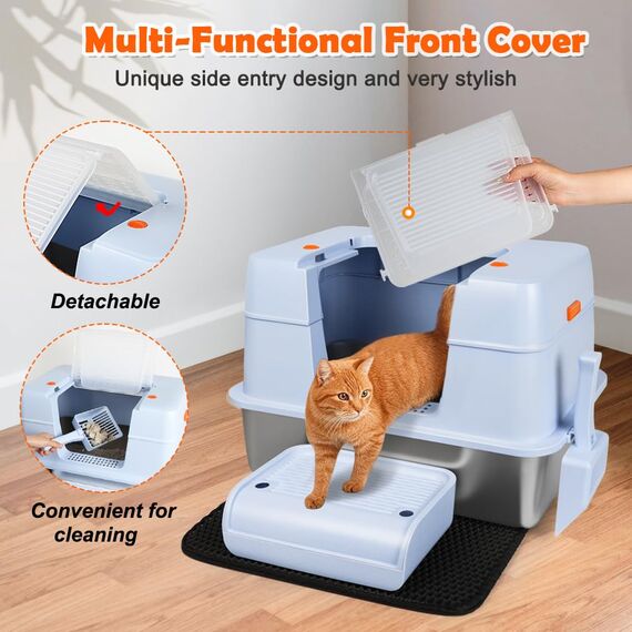 Vivifying Katzenklo Edelstahl mit Deckel, XL Leicht zu Reinigen und Geruchsresistent Katzentoilette Edelstahl, Rostfreier Stahl Katzenklo mit Pedals, Schaufel und Matte (Blau)