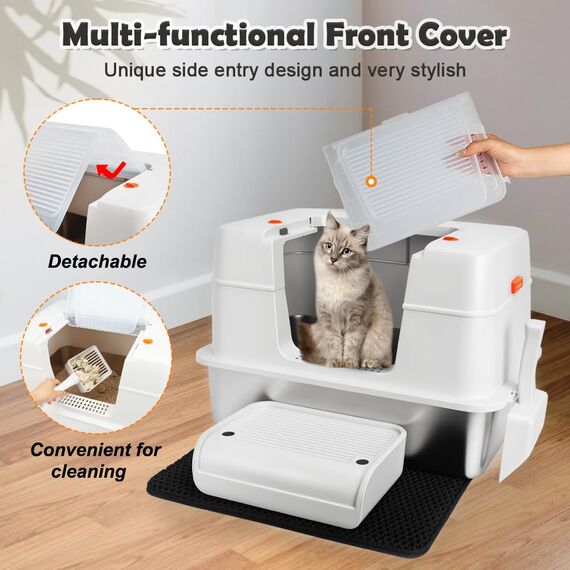 Vivifying Katzenklo Edelstahl mit Deckel, XL Leicht zu Reinigen und Geruchsresistent Katzentoilette Edelstahl, Rostfreier Stahl Katzenklo mit Pedals, Schaufel und Matte (Beige)