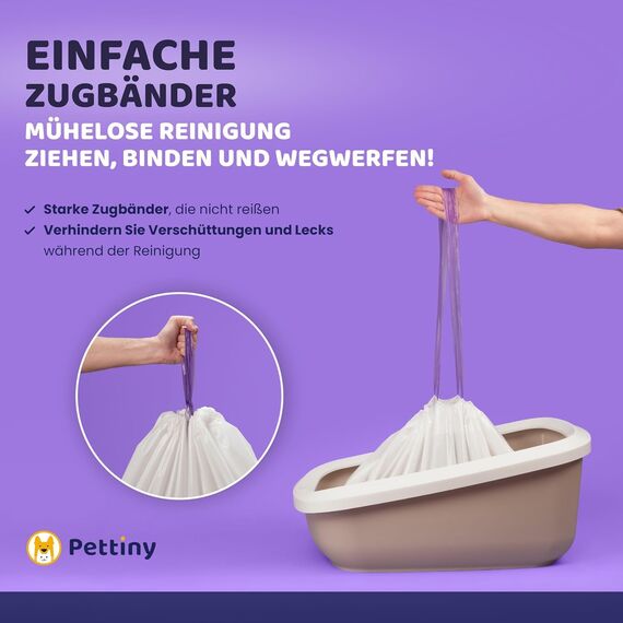 Pettiny Jumbo Katzentoilettenbeutel mit Zugbändern – 20er Pack Kratzfeste Tüten für Riesige Katzentoilette