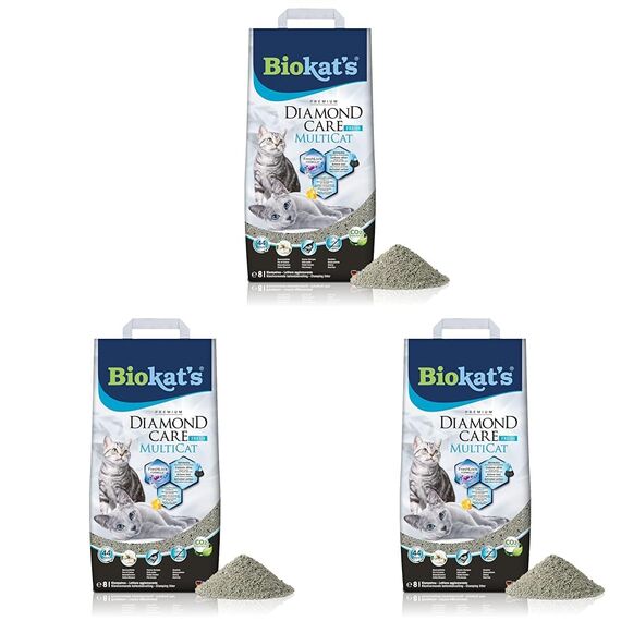 Biokat's Diamond Care MultiCat Fresh Katzenstreu mit Duft - Feine Klumpstreu aus Bentonit mit Aktivkohle speziell für Mehrkatzen-Haushalte - 1 Sack (1 x 8 L) (Packung mit 3)