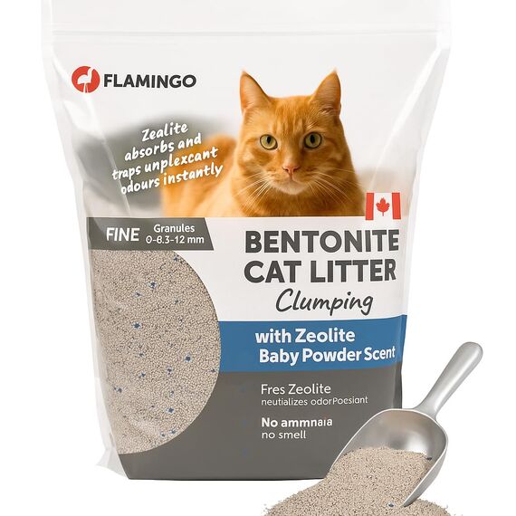 Flamingo Katzenstreu - katzenstreu klumpstreu - Babypuder-Duft - 12L (12KG) für 10 Wochen - Herkunft Kanada - Blauer Zeolith für ultraschnelle Geruchskontroll - Ideal für 1 oder mehrere Katzen