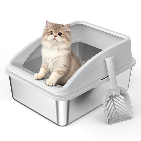 FURTIME Katzenklo Edelstahl, Katzentoilette Edelstahl 18L mit Schaufel, Katzenklo Metall mit Hochwandigem Seitengehäuse Auslaufsicher Gegen Verschüttungen für Kätzchen, 44x34x21cm