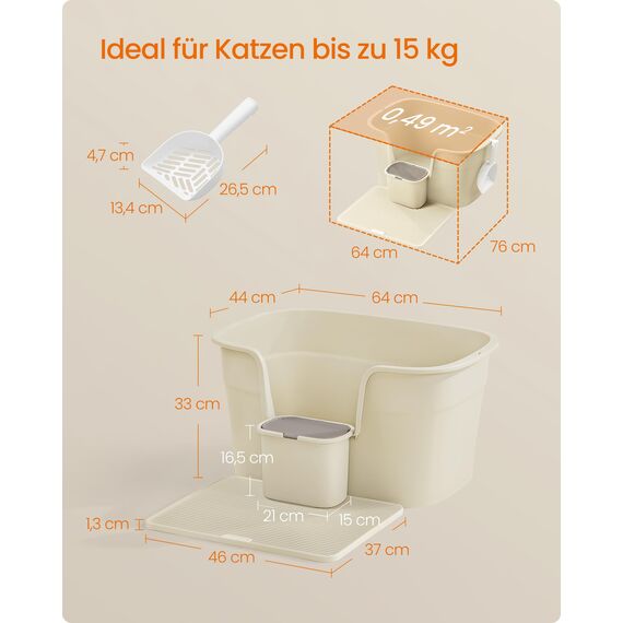 Feandrea Katzenklo, extragroße Katzentoilette, für Mehrkatzenhaushalte, mit hohen Seitenwänden, Katzenstreumatte, Aufbewahrungsbox, Schaufel, für große Katzen, sandbeige PPT003L01