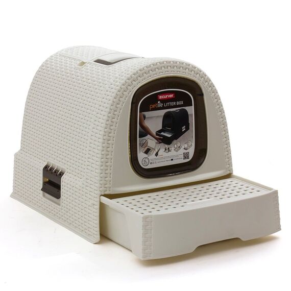 Curver petlife Katzentoilette mit Deckel, Katzenklo inklusive Schaufel, moderne Rattangeflecht-Optik, weiß, 51,5 x 38,5 x 40 cm