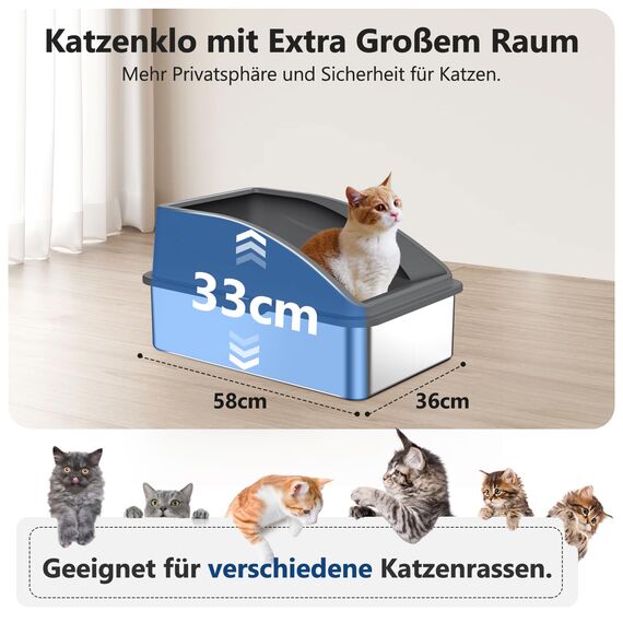 FURTIME Katzenklo Edelstahl XXL, Katzentoilette Edelstahl 35L Katzenklo Groß mit Katzenstreuschaufel und Doppelschicht Matte, Auslaufsichere XXL Litter Box, 58x36x33cm