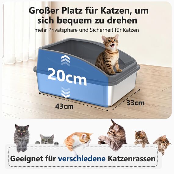 FURTIME Katzenklo Edelstahl, Katzentoilette Edelstahl 18L mit Schaufel, Katzenklo Metall mit Hochwandigem Seitengehäuse Auslaufsicher Gegen Verschüttungen für Kätzchen,Neugeborene Katze, 44x34x21cm