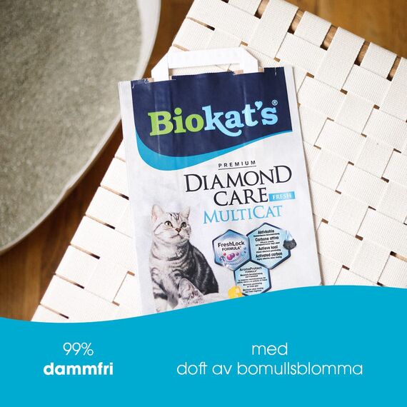 Biokat's Diamond Care MultiCat Fresh Katzenstreu mit Duft - Feine Klumpstreu aus Bentonit mit Aktivkohle speziell für Mehrkatzen-Haushalte - 1 Sack (1 x 8 L) (Packung mit 3)