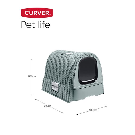 Curver petlife Katzentoilette mit Deckel, Katzenklo inklusive Schaufel, moderne Rattangeflecht-Optik, grau-blau, 51,5 x 38,5 x 40 cm