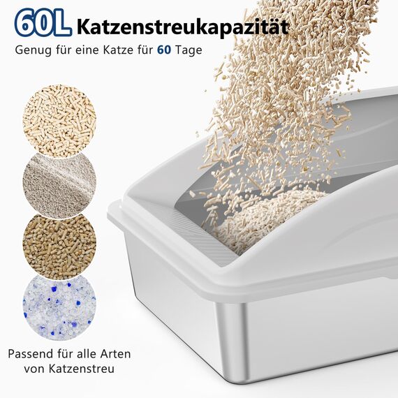 FURTIME Katzenklo Edelstahl XXXL, Katzentoilette Edelstahl 60 L Große Kapazität Auslaufsicher Gegen Verschüttungen Katzenklo, mit Metall Katzenstreuschaufel 71x51x31cm (Silbergrau)
