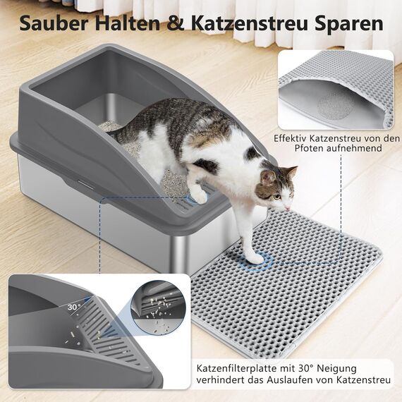 FURTIME Katzenklo Edelstahl XXL, Katzentoilette Edelstahl 35L Katzenklo Groß mit Katzenstreuschaufel und Doppelschicht Matte, Auslaufsichere XXL Litter Box, 58x36x33cm