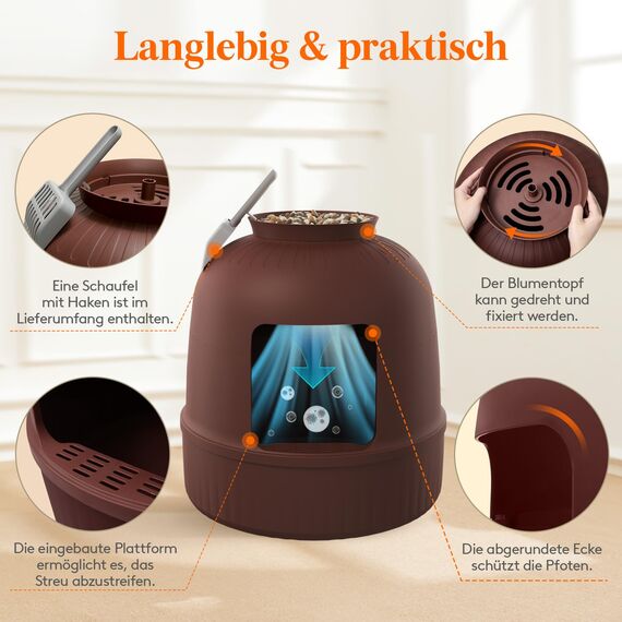 Lifewit Katzenklo Blumentopf mit Pflanze und Schaufel, Katzenklo Versteckt, Katzentoilette XXL mit Geruchskontrolle & Kohlefilter für Wohnzimmer Schlafzimmer Ecke, 48 x 120 cm/19x47, Braun