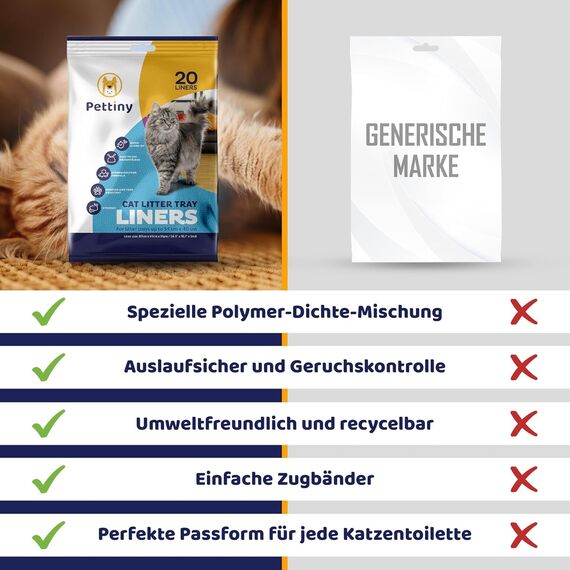 Pettiny 20 Katzentoilettenbeutel mit Zugbändern Kratzfeste Tüten für mittel und groß Katzenklo