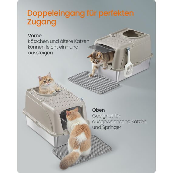 Feandrea Katzenklo Edelstahl, XL, Katzentoilette mit Deckel, mit Schaufel, Bürste und 2 Eingängen, für Katzen bis 15 kg, cappuccinobeige PPT005K01