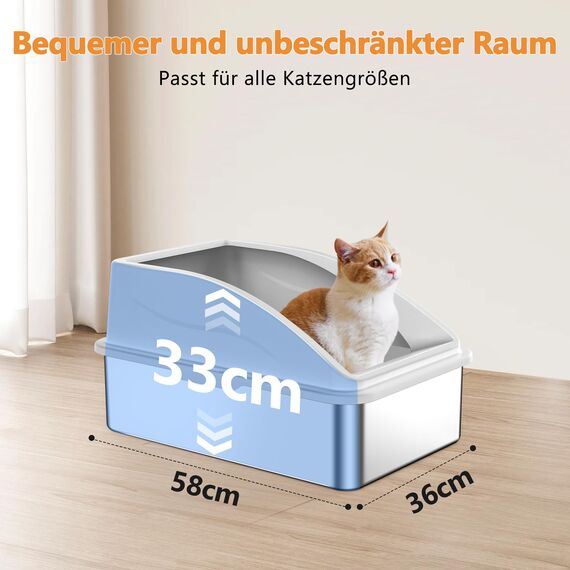 FURTIME Katzenklo Edelstahl XXL, Katzentoilette Edelstahl 35L Große Kapazität Auslaufsicher Gegen Verschüttungen Katzenklo, mit Metall Katzenstreuschaufel 58x36x33cm (Silbergrau)