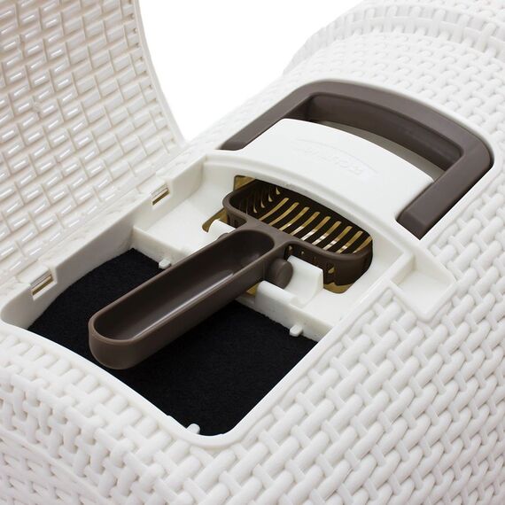 Curver petlife Katzentoilette mit Deckel, Katzenklo inklusive Schaufel, moderne Rattangeflecht-Optik, weiß, 51,5 x 38,5 x 40 cm