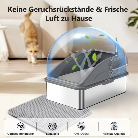 FURTIME Katzenklo Edelstahl XXL, Katzentoilette Edelstahl 30L Katzenklo Groß mit Katzenstreuschaufel und Doppelschicht Matte, Auslaufsichere XXL Litter Box, 58x37x28.5cm