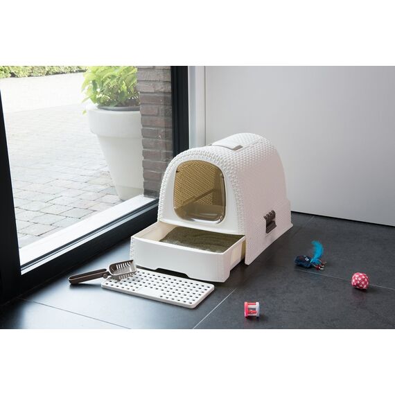 Curver petlife Katzentoilette mit Deckel, Katzenklo inklusive Schaufel, moderne Rattangeflecht-Optik, weiß, 51,5 x 38,5 x 40 cm