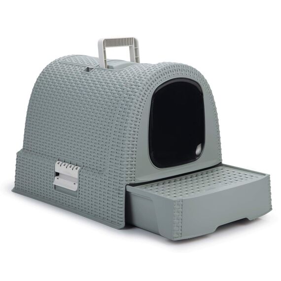 Curver petlife Katzentoilette mit Deckel, Katzenklo inklusive Schaufel, moderne Rattangeflecht-Optik, grau-blau, 51,5 x 38,5 x 40 cm