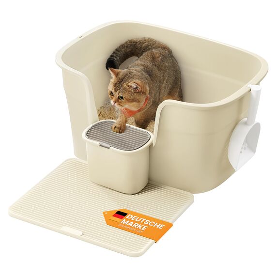 Feandrea Katzenklo, extragroße Katzentoilette, für Mehrkatzenhaushalte, mit hohen Seitenwänden, Katzenstreumatte, Aufbewahrungsbox, Schaufel, für große Katzen, sandbeige PPT003L01