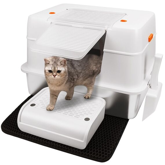 Vivifying Katzenklo Edelstahl mit Deckel, XL Leicht zu Reinigen und Geruchsresistent Katzentoilette Edelstahl, Rostfreier Stahl Katzenklo mit Pedals, Schaufel und Matte (Beige)