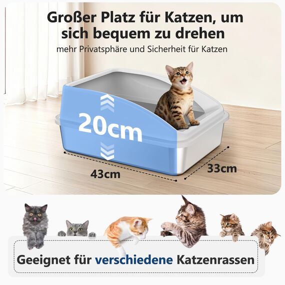 FURTIME Katzenklo Edelstahl, Katzentoilette Edelstahl 18L mit Schaufel, Katzenklo Metall mit Hochwandigem Seitengehäuse Auslaufsicher Gegen Verschüttungen für Kätzchen, 44x34x21cm