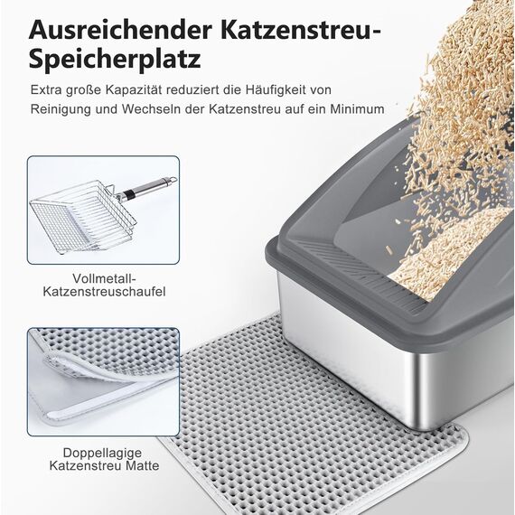FURTIME Katzenklo Edelstahl XXL, Katzentoilette Edelstahl 35L Katzenklo Groß mit Katzenstreuschaufel und Doppelschicht Matte, Auslaufsichere XXL Litter Box, 58x36x33cm