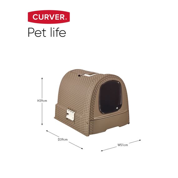 Curver petlife Katzentoilette mit Deckel, Katzenklo inklusive Schaufel, Moderne Rattangeflecht-Optik, Mokka, 51,5 x 38,5 x 40 cm, mokka