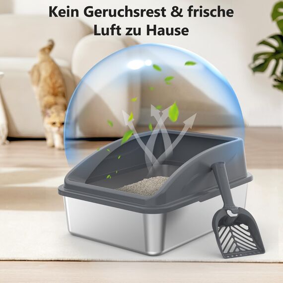FURTIME Katzenklo Edelstahl, Katzentoilette Edelstahl 18L mit Schaufel, Katzenklo Metall mit Hochwandigem Seitengehäuse Auslaufsicher Gegen Verschüttungen für Kätzchen,Neugeborene Katze, 44x34x21cm