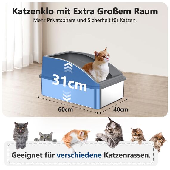 Katzenklo Edelstahl XXL, Katzentoilette Edelstahl 37L Katzenklo Groß mit Katzenstreuschaufel und Doppelschicht Matte, Litter Box, 60x40x31cm