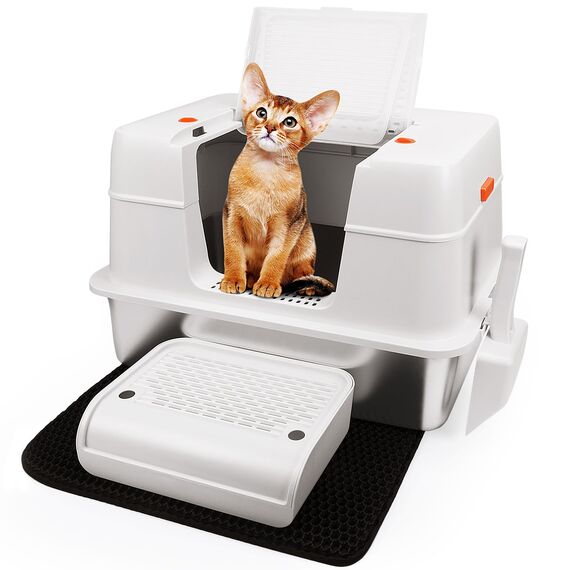 Vivifying Katzenklo Edelstahl mit Deckel, XL Leicht zu Reinigen und Geruchsresistent Katzentoilette Edelstahl, Rostfreier Stahl Katzenklo mit Pedals, Schaufel und Matte (Beige)