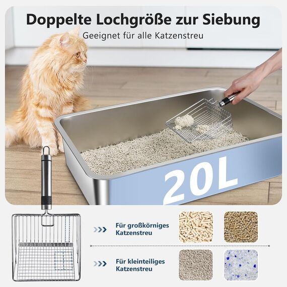 FURTIME Katzenklo Edelstahl XXL, Katzentoilette Edelstahl 30L Katzenklo Groß mit Katzenstreuschaufel und Doppelschicht Matte, Auslaufsichere XXL Litter Box, 58x37x28.5cm