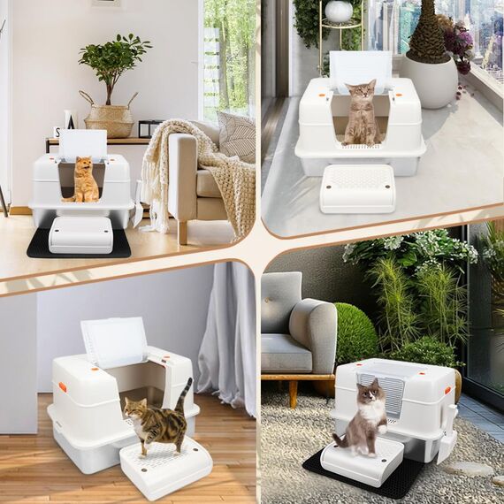 Vivifying Katzenklo Edelstahl mit Deckel, XL Leicht zu Reinigen und Geruchsresistent Katzentoilette Edelstahl, Rostfreier Stahl Katzenklo mit Pedals, Schaufel und Matte (Beige)