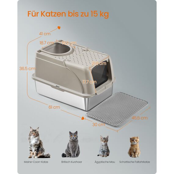 Feandrea Katzenklo Edelstahl, XL, Katzentoilette mit Deckel, mit Schaufel, Bürste und 2 Eingängen, für Katzen bis 15 kg, cappuccinobeige PPT005K01