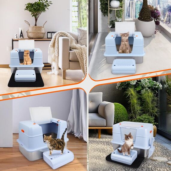 Vivifying Katzenklo Edelstahl mit Deckel, XL Leicht zu Reinigen und Geruchsresistent Katzentoilette Edelstahl, Rostfreier Stahl Katzenklo mit Pedals, Schaufel und Matte (Blau)
