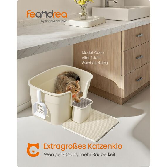 Feandrea Katzenklo, extragroße Katzentoilette, für Mehrkatzenhaushalte, mit hohen Seitenwänden, Katzenstreumatte, Aufbewahrungsbox, Schaufel, für große Katzen, sandbeige PPT003L01