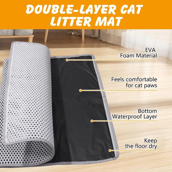 ondware Katzenklo Matte, 100 × 74cm Katzenstreu Matte Groß Katzentoilette Matte Doppellagig Katzenklo Unterleger rutschfest für den Boden, Grau