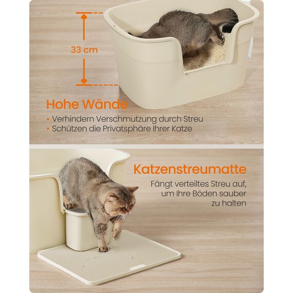 Feandrea Katzenklo, extragroße Katzentoilette, für Mehrkatzenhaushalte, mit hohen Seitenwänden, Katzenstreumatte, Aufbewahrungsbox, Schaufel, für große Katzen, sandbeige PPT003L01