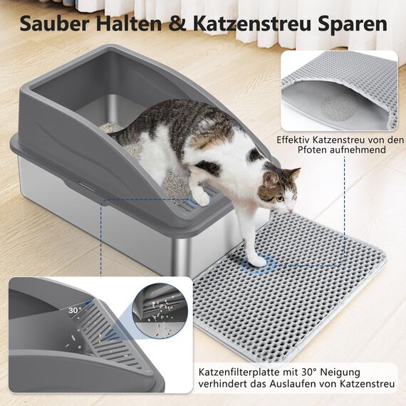 Katzenklo Edelstahl XXL, Katzentoilette Edelstahl 37L Katzenklo Groß mit Katzenstreuschaufel und Doppelschicht Matte, Litter Box, 60x40x31cm