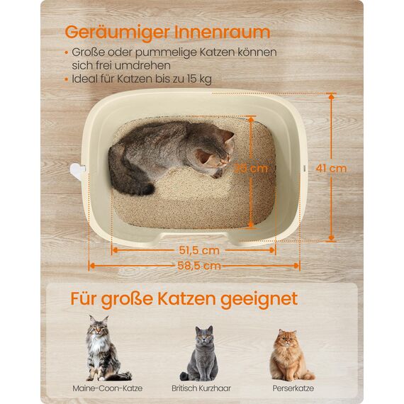 Feandrea Katzenklo, extragroße Katzentoilette, für Mehrkatzenhaushalte, mit hohen Seitenwänden, Katzenstreumatte, Aufbewahrungsbox, Schaufel, für große Katzen, sandbeige PPT003L01