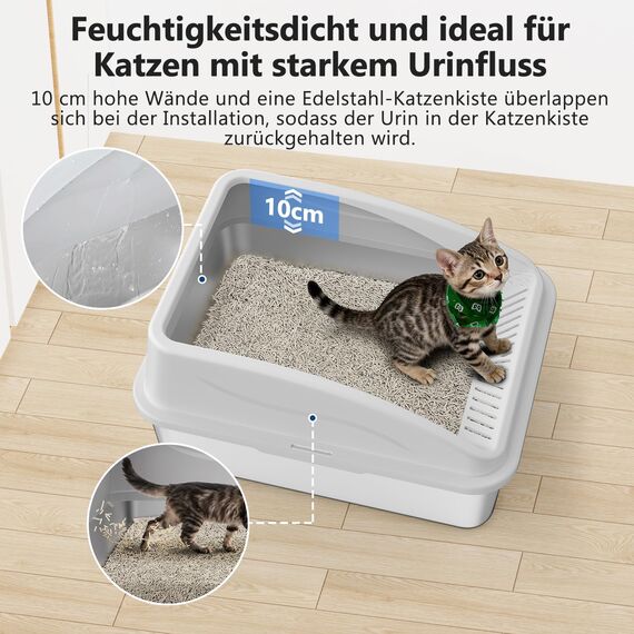 FURTIME Katzenklo Edelstahl, Katzentoilette Edelstahl 18L mit Schaufel, Katzenklo Metall mit Hochwandigem Seitengehäuse Auslaufsicher Gegen Verschüttungen für Kätzchen, 44x34x21cm