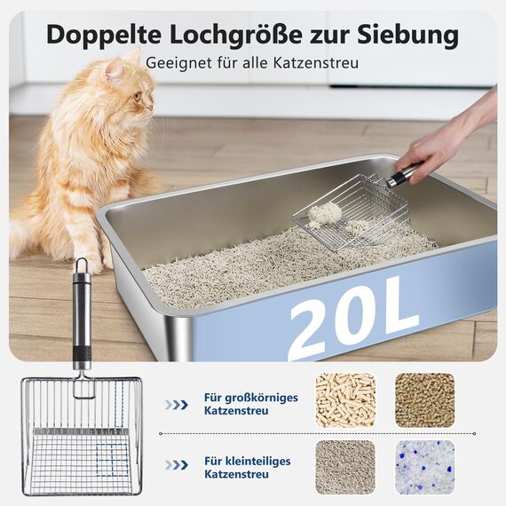 Katzenklo Edelstahl XXL, Katzentoilette Edelstahl 37L Katzenklo Groß mit Katzenstreuschaufel und Doppelschicht Matte, Litter Box, 60x40x31cm