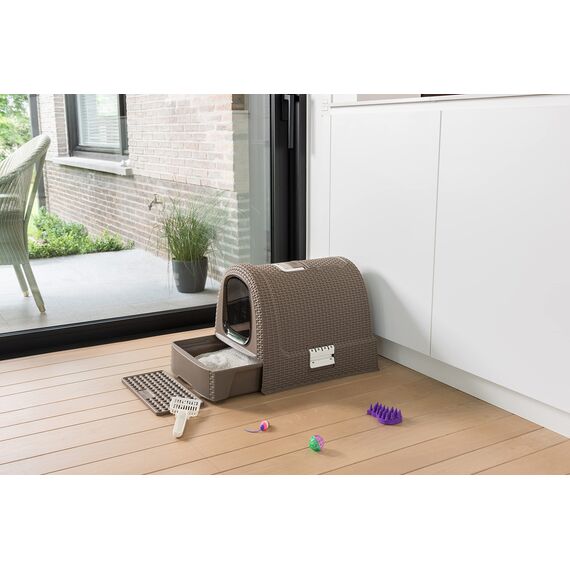 Curver petlife Katzentoilette mit Deckel, Katzenklo inklusive Schaufel, Moderne Rattangeflecht-Optik, Mokka, 51,5 x 38,5 x 40 cm, mokka