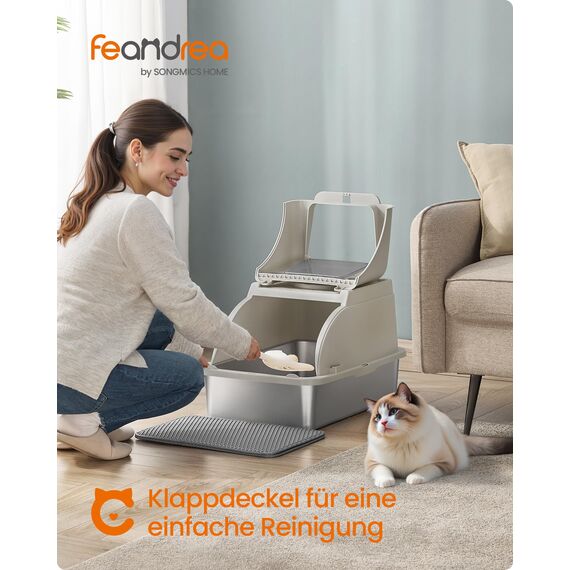Feandrea Katzenklo Edelstahl, XL, Katzentoilette mit Deckel, mit Schaufel, Bürste und 2 Eingängen, für Katzen bis 15 kg, cappuccinobeige PPT005K01