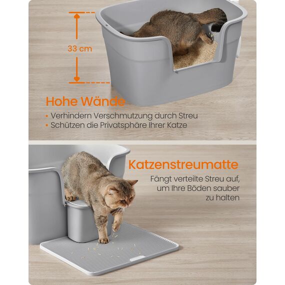 Feandrea Katzenklo, extragroße Katzentoilette, für Mehrkatzenhaushalte, mit hohen Seitenwänden, Katzenstreumatte, Aufbewahrungsbox, Schaufel, für große Katzen, Taubengrau PPT003G01