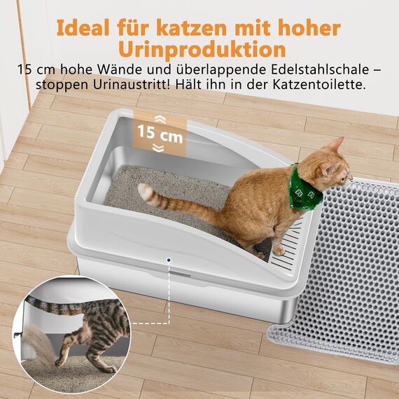 FURTIME Katzenklo Edelstahl XXL, Katzentoilette Edelstahl 35L Große Kapazität Auslaufsicher Gegen Verschüttungen Katzenklo, mit Metall Katzenstreuschaufel 58x36x33cm (Silbergrau)