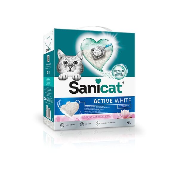 Sanicat Klumpstreu Active White mit Lotusblumenduft Hergestellt aus natürlichen Mineralien mit garantierter Geruchsbindung Absorbiert die Feuchtigkeit und erleichtert die Reinigung Packungsgröße 6l